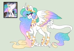 Size: 1082x739 | Tagged: safe, artist:mscreepyplaguedoctor, imported from derpibooru, princess celestia, alicorn, classical unicorn, pony, unicorn, alternate cutie mark, cloven hooves, colored wings, curved horn, ethereal mane, female, horn, jewelry, leonine tail, looking at you, mare, regalia, simple background, smiling, solo, starry mane, unshorn fetlocks