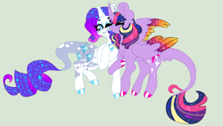 Size: 1152x656 | Tagged: safe, artist:mscreepyplaguedoctor, imported from derpibooru, rarity, twilight sparkle, alicorn, pony, coat markings, colored wings, cutie mark, dappled, ethereal mane, eyes closed, female, leonine tail, lesbian, mare, nuzzling, raised hoof, rarilight, shipping, simple background, smiling, starry mane, twilight sparkle (alicorn)