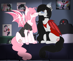 Size: 1686x1410 | Tagged: safe, artist:themisslittledevil, imported from derpibooru, oc, oc only, oc:abigail, oc:quiera, bat pony, pony, boop, clothes, female, mare, shirt