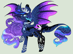 Size: 920x684 | Tagged: safe, artist:mscreepyplaguedoctor, imported from derpibooru, princess luna, alicorn, pony, bat wings, curved horn, ethereal mane, female, galaxy mane, horn, jewelry, leonine tail, looking at you, mare, raised hoof, redesign, regalia, sidemouth, simple background, smiling, solo, spread wings, starry mane, wings