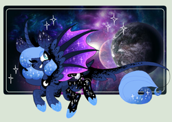 Size: 943x667 | Tagged: safe, artist:mscreepyplaguedoctor, imported from derpibooru, princess luna, alicorn, pony, bat wings, big ears, body markings, curved horn, ethereal mane, eyes closed, female, horn, leonine tail, long horn, one eye closed, redesign, s1 luna, smiling, solo, space, starry mane, wink, younger