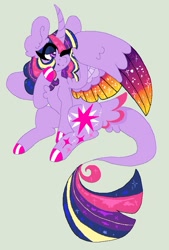 Size: 595x879 | Tagged: safe, artist:mscreepyplaguedoctor, imported from derpibooru, twilight sparkle, alicorn, pony, big ears, colored wings, curved horn, cutie mark, female, horn, leonine tail, mare, one eye closed, one wing out, rainbow power, raised hoof, simple background, solo, tail feathers, twilight sparkle (alicorn)