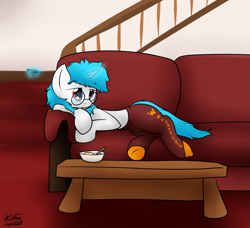 Size: 1827x1665 | Tagged: safe, artist:the-furry-railfan, imported from derpibooru, oc, oc only, oc:minty candy, pony, unicorn, bed mane, bowl, breakfast, cereal, clothes, couch, food, glasses, lazy, magic, milk, pants, remote, socks, stairs, sweatpants, table, telekinesis, watching tv