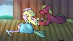 Size: 1024x576 | Tagged: safe, artist:zeosec, imported from derpibooru, big macintosh, fluttershy, oc, earth pony, pegasus, pony, baby, baby pony, blanket, crying, family, female, fluttermac, male, newborn, offspring, parent:big macintosh, parent:fluttershy, parents:fluttermac, rain, shipping, straight, tears of joy, wet mane