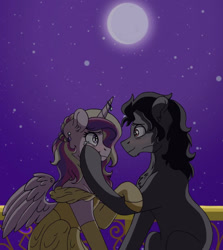 Size: 851x952 | Tagged: safe, artist:pastel-charms, imported from derpibooru, king sombra, princess cadance, pony, clothes, dress, female, infidelity, male, night, shipping, somdance, straight