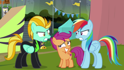 Size: 1280x720 | Tagged: safe, artist:sofiablythe2014, imported from derpibooru, screencap, lightning dust, rainbow dash, scootaloo, pegasus, pony, the washouts (episode), angry, awkward, awkward moment, clothes, female, filly, looking at each other, mare, scowl, sheepish grin, standing, uniform, washouts uniform, wings