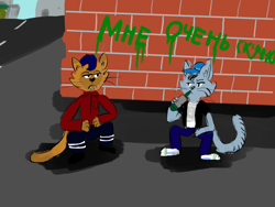 Size: 1024x768 | Tagged: safe, artist:horsesplease, imported from derpibooru, capper dapperpaws, chummer, abyssinian, anthro, cat, my little pony: the movie, alcohol, alley, bored, cyrillic, dresiarz, drinking, gopnik, graffiti, male, polish, russian, smoking, squatting