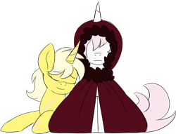 Size: 2150x1644 | Tagged: safe, artist:taaffeiite, deleted from derpibooru, derpibooru exclusive, imported from derpibooru, oc, oc only, oc:lemon drops, oc:scarlet starlight, pony, unicorn, cloak, clothes, female, mare, parent:cyberia starlight, parent:sakura starlight, scar, simple background, transparent background