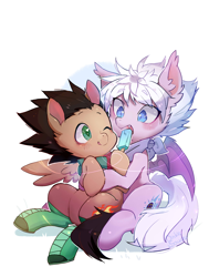 Size: 1500x1980 | Tagged: safe, artist:akamei, imported from derpibooru, bat pony, pegasus, pony, boots, colt, crossover, duo, food, gon freecss, hunter x hunter, killua zoldyck, male, neckerchief, ponified, popsicle, shoes, simple background, smiling