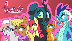 Size: 3080x1756 | Tagged: safe, artist:niggerdrawfag, imported from derpibooru, apple bloom, ms. harshwhinny, nurse redheart, princess ember, queen chrysalis, smolder, changeling, dragon, earth pony, pony, dragoness, fangs, female, filly, mare, ponytail, red background, simple background