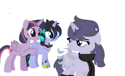 Size: 1182x720 | Tagged: safe, artist:kingbases, artist:macadoptables, imported from derpibooru, mean twilight sparkle, oc, oc:moonshine twinkle, oc:nightfall blitz, alicorn, pony, icey-verse, the mean 6, alicorn amulet, alicorn oc, annoyed, base used, bracelet, canon x oc, clone, clothes, cross, family, female, jewelry, lesbian, magical lesbian spawn, mare, meanshine, mother and daughter, necklace, offspring, parent:mean twilight sparkle, parent:oc:moonshine twinkle, parents:canon x oc, parents:meanshine, scarf, shipping, simple background, socks, white background