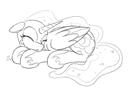 Size: 2153x1524 | Tagged: safe, artist:selenophile, imported from derpibooru, nightmare moon, alicorn, pony, cute, explicit source, eyes closed, female, floppy ears, grayscale, lying down, mare, monochrome, nicemare moon, prone, simple background, sketch, sleeping, smiling, solo, white background