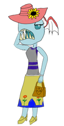 Size: 3426x6765 | Tagged: safe, artist:horsesplease, imported from derpibooru, ocellus, anthro, biteacuda, fish, non-compete clause, angry, calling, clothes, dress, equestria girls-ified, flower, handbag, hat, materialism, not salmon, paint tool sai, wat