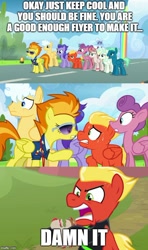 Size: 500x843 | Tagged: safe, edit, edited screencap, imported from derpibooru, screencap, angel wings, short fuse, sky stinger, spitfire, vapor trail, pegasus, pony, the washouts (episode), top bolt, clothes, comic, continuity, female, impact font, male, mare, necktie, screencap comic, stallion, text, uniform, washouts uniform, wonderbolts dress uniform