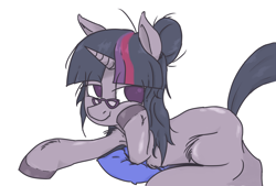 Size: 2000x1352 | Tagged: safe, artist:boggle, artist:dragonlor01, imported from derpibooru, twilight sparkle, pony, unicorn, alternate hairstyle, armpits, female, glasses, hair bun, lidded eyes, mare, simple background, smiling, solo, style emulation, unicorn twilight, white background