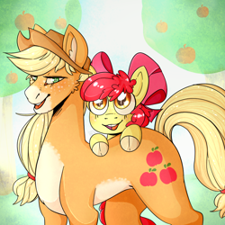 Size: 1000x1000 | Tagged: safe, artist:cinnamonsparx, imported from derpibooru, apple bloom, applejack, earth pony, pony, alternate design, apple, apple tree, bow, cheek fluff, cloven hooves, cowboy hat, duo, ear fluff, female, filly, foal, hair bow, hat, mare, siblings, sisters, tree