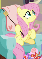 Size: 282x397 | Tagged: safe, imported from derpibooru, screencap, fluttershy, pegasus, pony, discordant harmony, candy, cropped, female, food, mare, marshmallow, sitting, solo