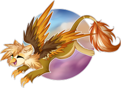 Size: 2320x1697 | Tagged: safe, artist:woonborg, imported from derpibooru, oc, oc only, oc:ember burd, griffon, colored wings, cute, eared griffon, flying, griffon oc, multicolored wings, one eye closed, simple background, solo, spread wings, transparent background, wings, wink