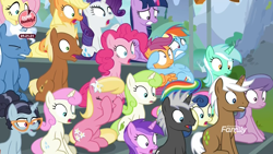 Size: 1920x1080 | Tagged: safe, imported from derpibooru, screencap, amethyst star, applejack, bon bon, booksmart, dark moon, fluttershy, graphite, lily, lily valley, lyra heartstrings, meadow song, minty green, mochaccino, pinkie pie, pokey pierce, rainbow dash, rare find, rarity, scootaloo, sparkler, sweetie drops, twilight sparkle, twinkleshine, velvet light, alicorn, earth pony, pegasus, pony, unicorn, the washouts (episode), background pony, bake it like buddy, excited, female, filly, flying, looking up, male, mane six, mare, stallion, twilight sparkle (alicorn)