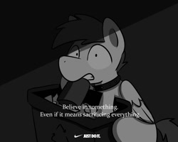 Size: 1280x1024 | Tagged: safe, artist:sugar morning, imported from derpibooru, oc, oc only, oc:slipstream, dog pony, pegasus, pony, b&w, believe in something, black and white, boofy, collar, digging, digging through trash, grayscale, male, meme, monochrome, nike, nike meme, sitting, solo, spiked collar, stallion, surprised, trash