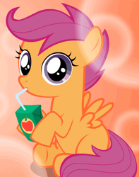 Size: 480x610 | Tagged: safe, artist:jan, imported from derpibooru, scootaloo, pegasus, pony, apple juice, cropped, cute, cutealoo, drinking through a straw, female, filly, juice, juice box, lens flare, sitting, solo