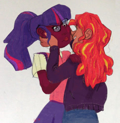 Size: 1280x1317 | Tagged: safe, artist:fizzledlines, deleted from derpibooru, imported from derpibooru, sci-twi, sunset shimmer, twilight sparkle, human, equestria girls, cute, dark skin, female, human coloration, lesbian, scitwishimmer, shipping, simple background, squishy cheeks, sunsetsparkle, traditional art, white background