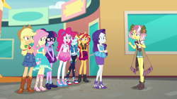 Size: 1920x1080 | Tagged: safe, imported from derpibooru, screencap, applejack, fluttershy, pinkie pie, rainbow dash, rarity, sci-twi, sunset shimmer, twilight sparkle, vignette valencia, equestria girls, equestria girls series, rollercoaster of friendship, cellphone, converse, feet, female, geode of empathy, geode of fauna, geode of shielding, geode of sugar bombs, geode of super speed, geode of super strength, geode of telekinesis, humane five, humane seven, humane six, magical geodes, phone, rarity peplum dress, sandals, shoes, smartphone