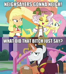 Size: 600x674 | Tagged: safe, edit, edited screencap, imported from derpibooru, screencap, applejack, chancellor neighsay, fluttershy, vignette valencia, equestria girls, equestria girls series, rollercoaster of friendship, school daze, geode of fauna, geode of super strength, image macro, meme, memeful.com, vulgar