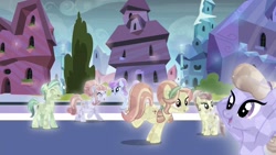 Size: 1920x1080 | Tagged: safe, imported from derpibooru, screencap, amber laurel, amber waves, fleur de verre, ruby love, sapphire joy, scarlet heart, sly flourish, crystal pony, pony, the crystalling, crystallized, female, happy, male, mare, stallion