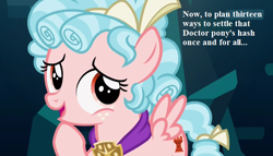 Size: 728x416 | Tagged: safe, edit, edited screencap, imported from derpibooru, screencap, cozy glow, pegasus, pony, school raze, caption, cozy glow doesn't know what she's getting into, cropped, doctor who, female, filly, implied doctor whooves, scheming, text, this will end in epic fail