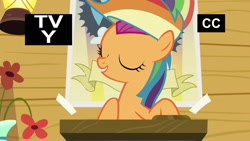 Size: 1920x1080 | Tagged: safe, imported from derpibooru, screencap, scootaloo, pony, the washouts (episode), clothes, eyes closed, female, filly, foal, rainbow dash fanclub, rainbow wig, shirt, solo, t-shirt, tv rating, tv-y, wig