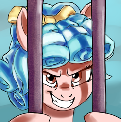 Size: 903x907 | Tagged: safe, alternate version, artist:jimmyjamno1, imported from derpibooru, cozy glow, pegasus, pony, school raze, cage, evil grin, female, filly, grin, just as planned, pure concentrated unfiltered evil of the utmost potency, pure unfiltered evil, scene interpretation, slasher smile, smiling, solo, wanna be friends?