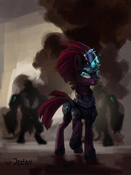 Size: 1500x2000 | Tagged: safe, artist:jedayskayvoker, imported from derpibooru, tempest shadow, pony, unicorn, my little pony: the movie, angry, armor, broken horn, commander, electricity, eye scar, female, lieutenant, magic, mare, scar, storm guard