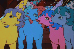 Size: 720x480 | Tagged: safe, imported from derpibooru, screencap, princess primrose, princess royal blue, princess serena, princess sparkle, princess starburst, my little pony 'n friends, quest of the princess ponies, animated, cavern, eyeroll, g1, gif, googly eyes, hat, loop, party hat, princess ponies, silly