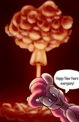 Size: 792x1224 | Tagged: safe, artist:jimmyjamno1, imported from derpibooru, pinkie pie, 2019, atomic bomb, happy new year 2019, mushroom cloud, nuclear weapon, speech bubble, weapon, xk-class end-of-the-world scenario