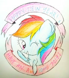 Size: 1992x2240 | Tagged: safe, artist:sumi-mlp25, imported from derpibooru, rainbow dash, pony, banners, female, happy new year, happy new year 2019, holiday, one eye closed, raised hoof, simple background, solo, traditional art, wink