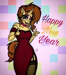 Size: 1266x1431 | Tagged: safe, alternate version, artist:palmartz44, imported from derpibooru, oc, oc only, anthro, unicorn, bra strap, choker, clothes, dress, garter belt, happy new year, holiday, messy mane, new year, socks, solo, stockings, thigh highs
