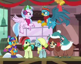 Size: 168x132 | Tagged: safe, imported from derpibooru, screencap, gallus, ocellus, sandbar, silverstream, smolder, yona, changedling, changeling, dragon, griffon, hippogriff, pony, yak, best gift ever, hearth's warming, picture for breezies, train station, winter outfit