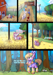 Size: 1024x1449 | Tagged: safe, artist:crownedspade, imported from derpibooru, oc, oc only, oc:code break, oc:heart break, oc:jail break, earth pony, pegasus, pony, unicorn, comic:spade sisters, barn, colt, comic, female, flagpole, food, male, mare, wheat