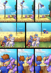 Size: 1024x1449 | Tagged: safe, artist:crownedspade, imported from derpibooru, oc, oc only, oc:code break, oc:heart break, oc:jail break, oc:mala, earth pony, pegasus, pony, unicorn, comic:spade sisters, barn, colt, comic, female, flagpole, male, mare