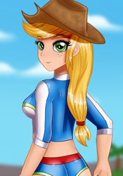 Size: 724x1034 | Tagged: safe, artist:focusb, imported from derpibooru, applejack, human, equestria girls series, applebutt, ass, butt, clothes, cowboy hat, female, freckles, hat, humanized, looking at you, looking back, looking back at you, solo, stetson, swimsuit