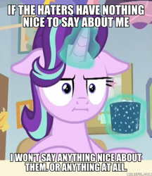 Size: 600x696 | Tagged: safe, edit, edited screencap, imported from derpibooru, screencap, starlight glimmer, pony, marks for effort, adventure in the comments, caption, female, floppy ears, grammar error, i mean i see, image macro, meme, memeful.com, solo, text