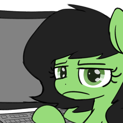 Size: 800x800 | Tagged: safe, artist:skitter, imported from derpibooru, oc, oc only, oc:filly anon, earth pony, pony, computer, disapproval, exploitable meme, female, filly, filly anon is not amused, looking at you, looking back, meme, not amused face, reaction image, really?, simple background, solo, transparent background, unamused