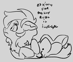 Size: 1148x973 | Tagged: safe, artist:lockhe4rt, imported from derpibooru, oc, oc only, oc:filly anon, bellyrubs, chest fluff, dialogue, ear fluff, female, filly, leg fluff, lineart, looking back, lying down, question mark, simple background, text, wavy mouth, white background, wide eyes