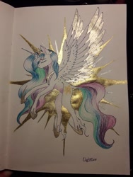 Size: 774x1032 | Tagged: safe, artist:clarissa0210, imported from derpibooru, princess celestia, alicorn, pony, colored wings, eyes closed, female, flying, mare, solo, spread wings, traditional art, unshorn fetlocks, wings