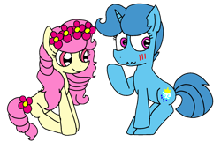 Size: 1680x1080 | Tagged: safe, artist:徐詩珮, imported from derpibooru, spring rain, oc, oc:spring blossom, earth pony, pony, unicorn, female, flower, flower in hair, shy, simple background, sisters, transparent background