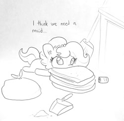 Size: 1313x1284 | Tagged: safe, artist:tjpones, imported from derpibooru, oc, oc only, oc:brownie bun, earth pony, pony, black and white, blanket, broom, can, dialogue, dustpan, ear fluff, grayscale, lineart, lying, monochrome, simple background, solo, traditional art, trash bag, white background