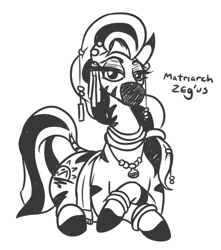 Size: 473x536 | Tagged: safe, artist:jargon scott, imported from derpibooru, oc, oc only, oc:matriarch zeg'us, pony, zebra, black and white, crossed hooves, female, grayscale, looking at you, monochrome, pootgate, prone, simple background, solo, white background, zebra oc