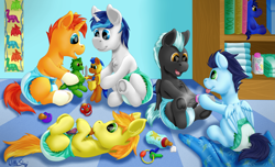 Size: 4557x2769 | Tagged: safe, artist:wittleskaj, imported from derpibooru, braeburn, shining armor, soarin', sunburst, thunderlane, earth pony, pegasus, pony, unicorn, baby, baby pony, baby soarin', babying armor, blanket, book, bottle, colt, colt braeburn, colt shining armor, colt soarin', colt sunburst, cute, daycare, diaper, foal, foal powder, male, milk bottle, nursery, pacifier, playing, plushie, rattle, shelf, younger