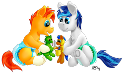 Size: 3216x1932 | Tagged: safe, artist:wittleskaj, imported from derpibooru, shining armor, sunburst, pony, unicorn, baby, baby pony, babying armor, colt, colt shining armor, colt sunburst, diaper, foal, male, playing, plushie, younger